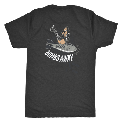  Bombs Away T-Shirt from Challenge Coin Nation with back text reading "Bombs Away" and art of pin-up style woman sitting on a bomb