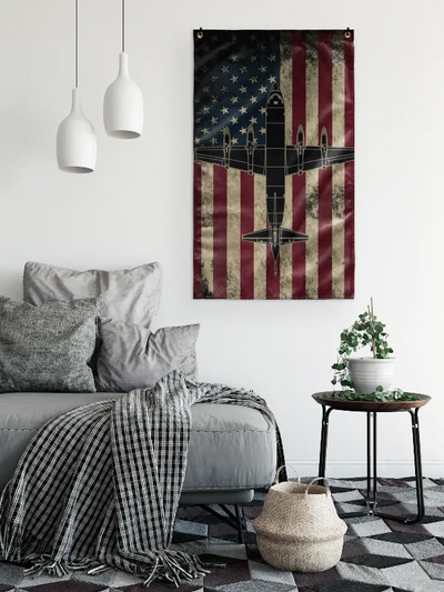 US Navy P-3 Orion aircraft on an American flag background