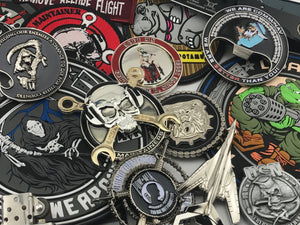 A sampling of all of challenge coin nation products including  custom and stock challenge coins, military coins, pins, morale patches, flags, belt buckles, and custom reflective belts.