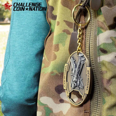 OV-1 Mohawk Keychain Bottle Opener Hanging from a Backpack. Perfect example of how awesome it will look on your gear!