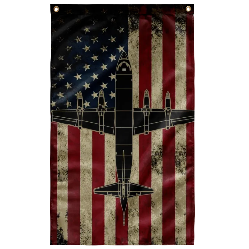 US Navy P-3 Orion aircraft on an American flag background