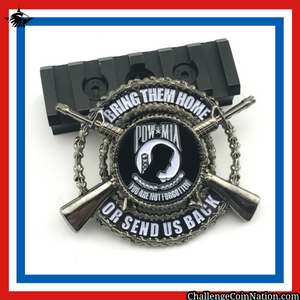  Red, white, and blue bordered image of the POW MIA Challenge Coin the POW/MIA flag in the center encircled by the phrase “Bring Them Home Or Send Us Back”