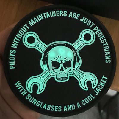  Glow-in-the-dark view of the Glow in the Dark Maintainer Nation PVC Patch from Challenge Coin Nation with text reading “Pilots without maintainers are just pedestrians with sunglasses and a cool jacket”