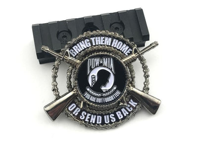  POW MIA Challenge Coin bearing the POW/MIA flag in the center encircled by the phrase “Bring Them Home Or Send Us Back”