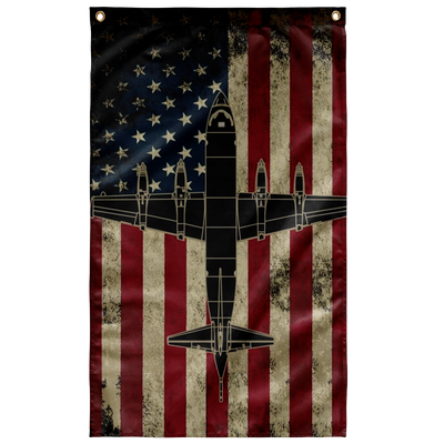 US Navy P-3 Orion aircraft on an American flag background